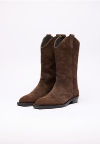 Botas de vaquero de ante marrón con punta afilada, costuras detalladas y tiradores, que cuentan con un tacón bajo y apilado y un forro suave.