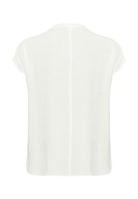 Chemisier blanc à manches courtes en tissu léger. Présente une coupe décontractée et une couture dans le dos. Texture lisse, design minimaliste.