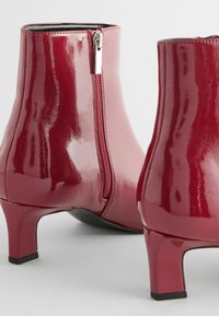 Glänzende rote Knöchelstiefel mit einem Reißverschluss, ausgestattet mit einer spitzen Zehenform und einem kleinen, quadratischen Absatz für zusätzliche Stabilität. Glatte Textur.