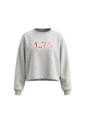 Lysegrå cropped sweatshirt med lange ærmer, ribkantede manchetter og farverige broderede bogstaver samt små blomstermotiver foran.