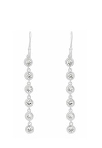 Orecchini a goccia in argento con sette accenti circolari, ciascuno con una pietra trasparente al centro, appesi a un sottile gancio.