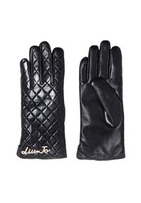 Guanti in pelle nera con un design trapuntato, texture liscia e un'unica decorazione con "Liu Jo" ricamato in filo metallico.