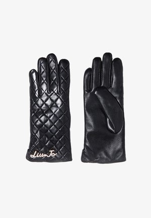 Guanti in pelle nera con un design trapuntato, texture liscia e un'unica decorazione con "Liu Jo" ricamato in filo metallico.