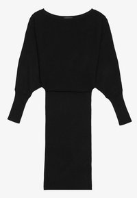Rochie tricotată neagră cu nervuri, cu un decolteu larg și mâneci lungi, ușor bufante. Textură fină, croi mulat pe corp și design până la genunchi.