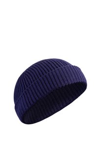 Navy ribbed knit beanie, featuring a snug fit and textured fabric. Soft, stretchy construction provides warmth and comfort.