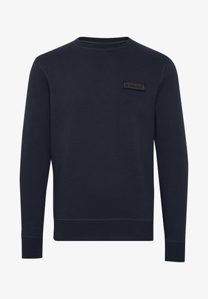 Mørkeblå sweatshirt med rund hals, lange ermer og et teksturert merke merket "11 PROJECT" på brystet. Mykt bomullsmateriale.