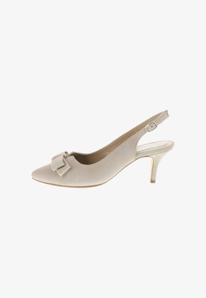 Beige suede slingback pump with a pointed toe, soft bow accent at the front, and a 2.5-inch stiletto heel. Buckle closure on the ankle strap.