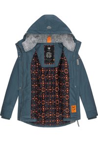 Blå vandtæt jakke med en grå faux fur-foring og et orange geometrisk mønster på den indre foring. Har lynlås lukning og logo-tags.