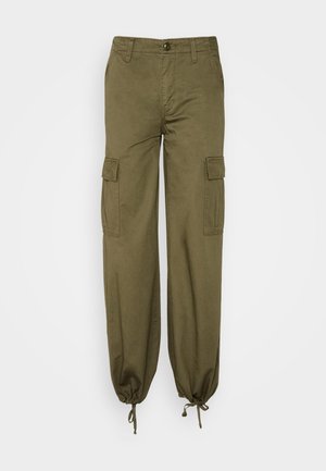 Cargo pants in olive green, made of cotton fabric. Features include elasticated cuffs, two side pockets, and two cargo pockets on thighs.