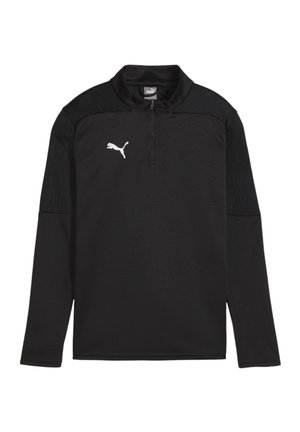 Zwart Puma langemouwen top met een half-rits kraag, textuur aan de voorkant en contrasterend wit logo. Kenmerkt ribbelmouwen en een gestroomlijnd ontwerp.