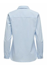 Light blue long-sleeve shirt with vertical stripes in various pastel colors. Features a standard collar and buttoned cuffs. Smooth fabric texture.