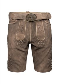 Brune lædershorts med dekorativ broderi, der har bæltestropper, en dekorativ spænde og knapdetaljer på siderne.
