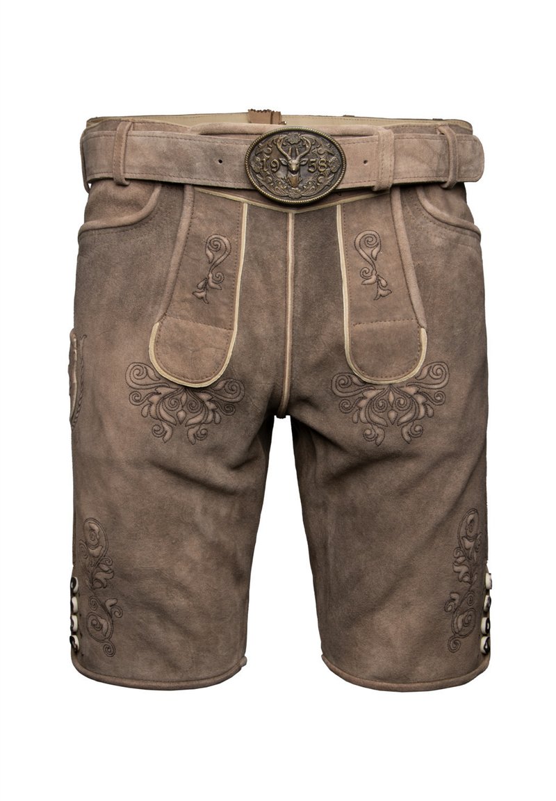 Brune lædershorts med dekorativ broderi, der har bæltestropper, en dekorativ spænde og knapdetaljer på siderne.