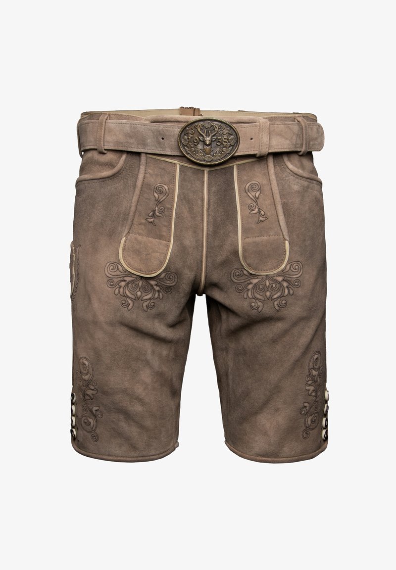 Brown leather shorts with decorative embroidery, featuring belt loops, a decorative buckle, and button accents on the sides.
