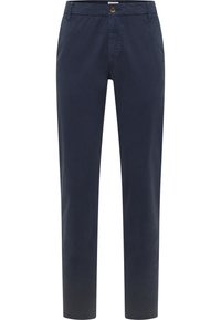 Marineblaue Chinos aus einem Baumwollmischgewebe mit glatter Textur, ausgestattet mit einem Knopfverschluss und frontalen Taschen, im geraden Bein-Design.