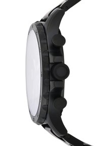 Montre chronographe noire avec un boîtier rond, une lunette texturée et trois boutons sur le côté. Le verre transparent affiche un cadran minimaliste.
