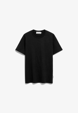 Zwarte T-shirt met korte mouwen van katoen met een ronde halslijn. Bevat een logo-label aan de onderkant. Soepele textuur en normale pasvorm.