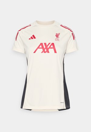 Cream athletic shirt with red accents, featuring short sleeves, a crew neck, a Liverpool FC logo, and an "AXA" logo on the front.