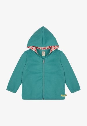 Teal Zip-Hoodie mit strukturiertem Außenmaterial und einem roten Blumenmuster-Futter in der Kapuze. Enthält ein Etikett am Saum.