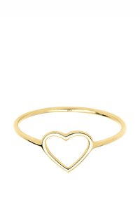 Ring aus goldfarbenem Metall mit einem offenen Herzdesign in der Mitte. Glatte Oberfläche mit einem dünnen Ringband; mit "375" für Metallreinheit gestempelt.