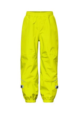 Pantaloni impermeabili per bambini di colore giallo brillante con vita e caviglie elastiche, rinforzi sulle ginocchia e cinturini regolabili con bottoni a pressione vicino ai polsini.