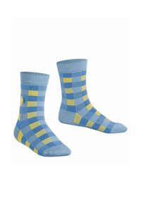 Blaue und gelbe kariert Socken mit einem blauen Bündchen und einer blauen Zehenkappe; das strukturierte Strickmaterial weist auf einer Seite ein Zitronenmotiv auf.