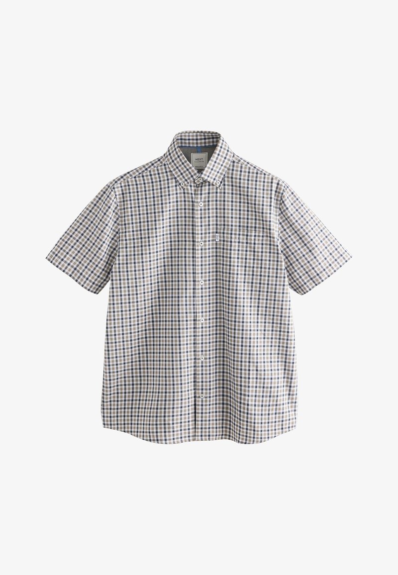 Chemise à manches courtes boutonnée avec motif à carreaux beige, bleu et blanc et col boutonné, présentée sur fond blanc.