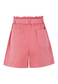 Shorts di cotone rosa con vita arricciata, passanti per cintura e due tasche posteriori. Tessuto morbido e vestibilità rilassata, con apertura larga. 
