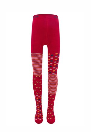 Rote Strumpfhosen mit verschiedenen Mustern: diagonalen Streifen, Tupfen und floralen Motiven. Weicher Stoff und elastischer Bund.