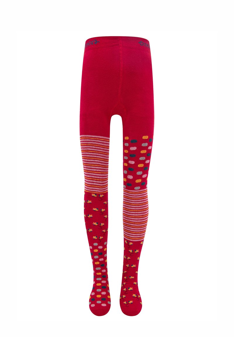 Czerwone rajstopy z różnorodnymi wzorami: ukośne paski, kropki oraz motywy kwiatowe. Miękka faktura i elastyczny pas.