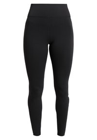 Leggings noirs avec une taille haute, fabriqués en matériau extensible. Présentent une texture lisse et un petit logo sur la jambe inférieure.