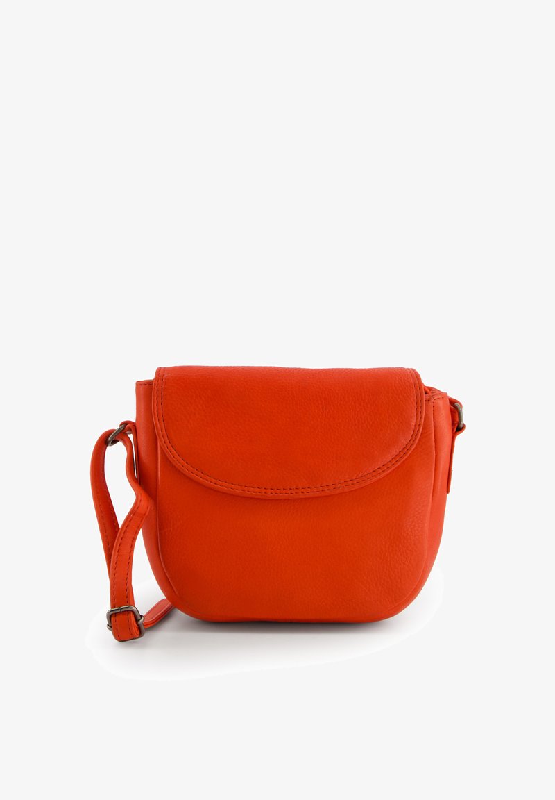 Orange leather crossbody bag with a rounded shape, a flap closure, and a thin adjustable strap. Smooth texture with subtle stitching details.