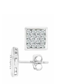 Kvadratne uhani iz srebra, okrašeni z več majhnimi prozornimi kamni, razporejenimi v mrežni vzorec. Polirana površina z gladko teksturo.