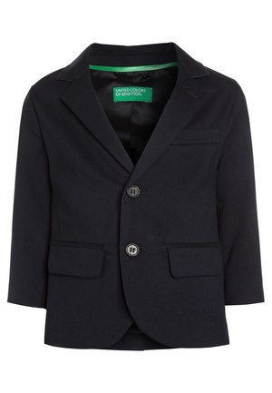 Marineblazer lavet af tekstureret stof, med to forlommer, to-knap lukning og en glat grøn foring.