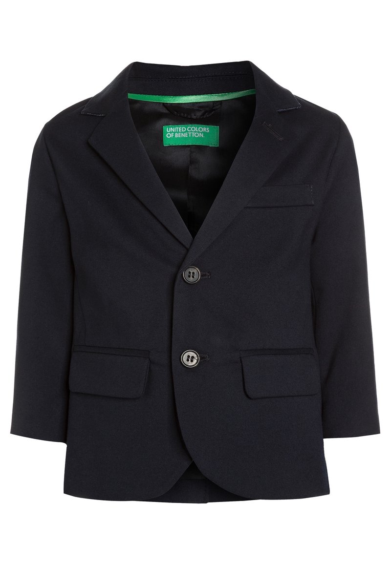 Navyblazer i textilmaterial med två framfickor, tvåknapps stängning och en slät grönfodrad insida.