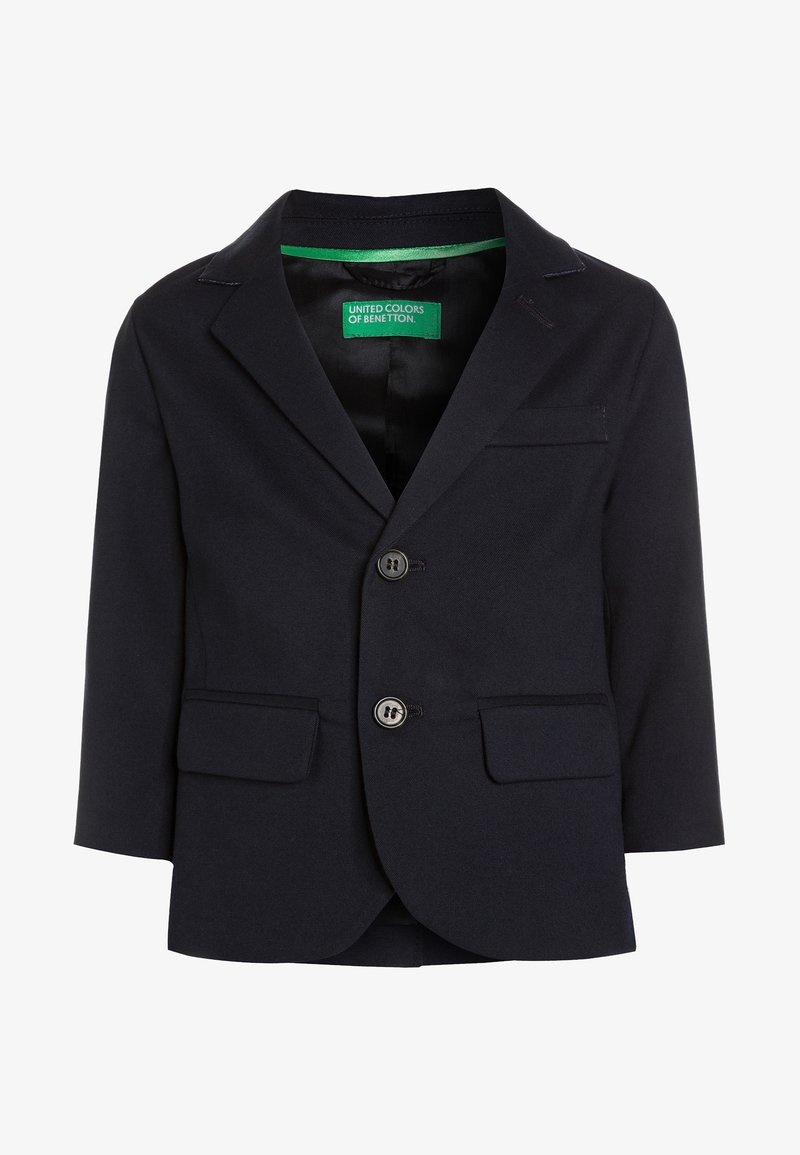Blazer marine en tissu texturé, doté de deux poches avant, d'une fermeture à deux boutons et d'un intérieur lisse doublé de vert.
