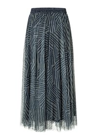 Jupe midi à motifs bleus en tulle transparent avec une taille élastique. Présente un design géométrique dans des tons plus sombres et plus clairs.