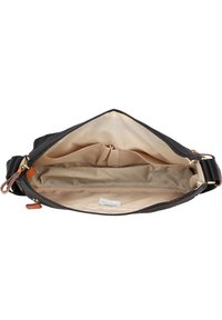 Borsa in tessuto nero con chiusura a cerniera, interno beige, doppio scomparto e dettaglio in pelle arancione. L'interno è liscio e spazioso.
