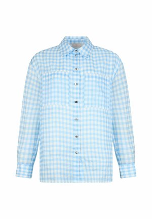 Chemise à manches longues à carreaux vichy bleu clair et blanc avec col et boutons argentés sur le devant.