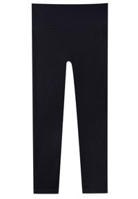 Zwarte geribbelde leggings met een brede tailleband, met een aansluitend ontwerp en een zachte textuur, geschikt voor sportkleding of casual outfits.
