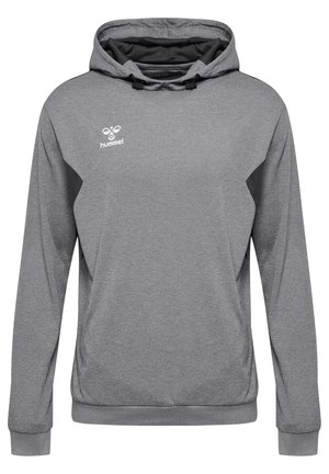 Grauer Kapuzenpullover mit strukturiertem Finish, schwarzen Akzenten an den Seiten und einem kleinen weißen Logo auf der oberen linken Brust.