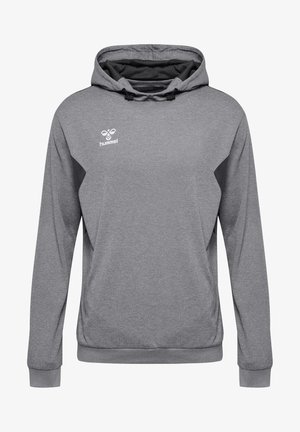 Grijze capuchontrui met een textuur, zwarte accenten aan de zijkanten en een klein wit logo op de bovenste linkerborst.