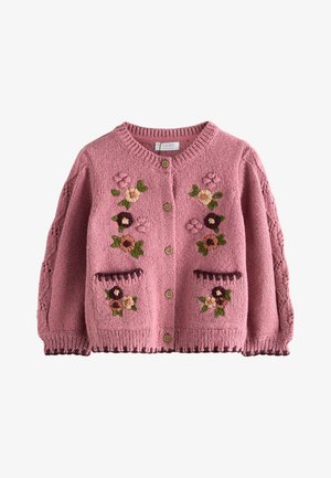 Cardigan roz tricotat, cu nasturi maro, broderie florală în față și pe buzunare, și detaliu tipic tricotat pe mâneci și tiv.