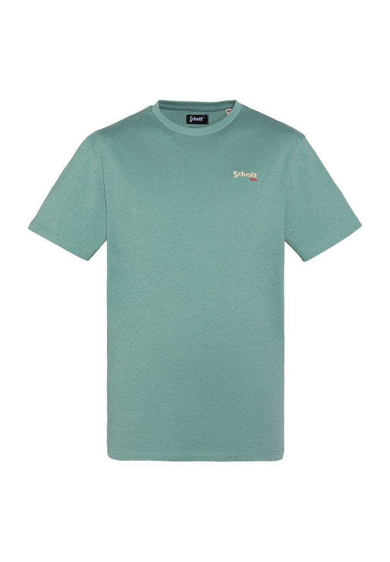 Camiseta de manga corta con cuello redondo en verde apagado, con pequeño logo bordado "Schott NYC" en el lado izquierdo del pecho.