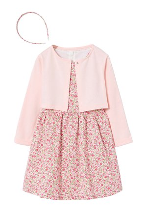 Pink floral dress with matching long-sleeve bolero jacket and floral headband, designed for young girls.