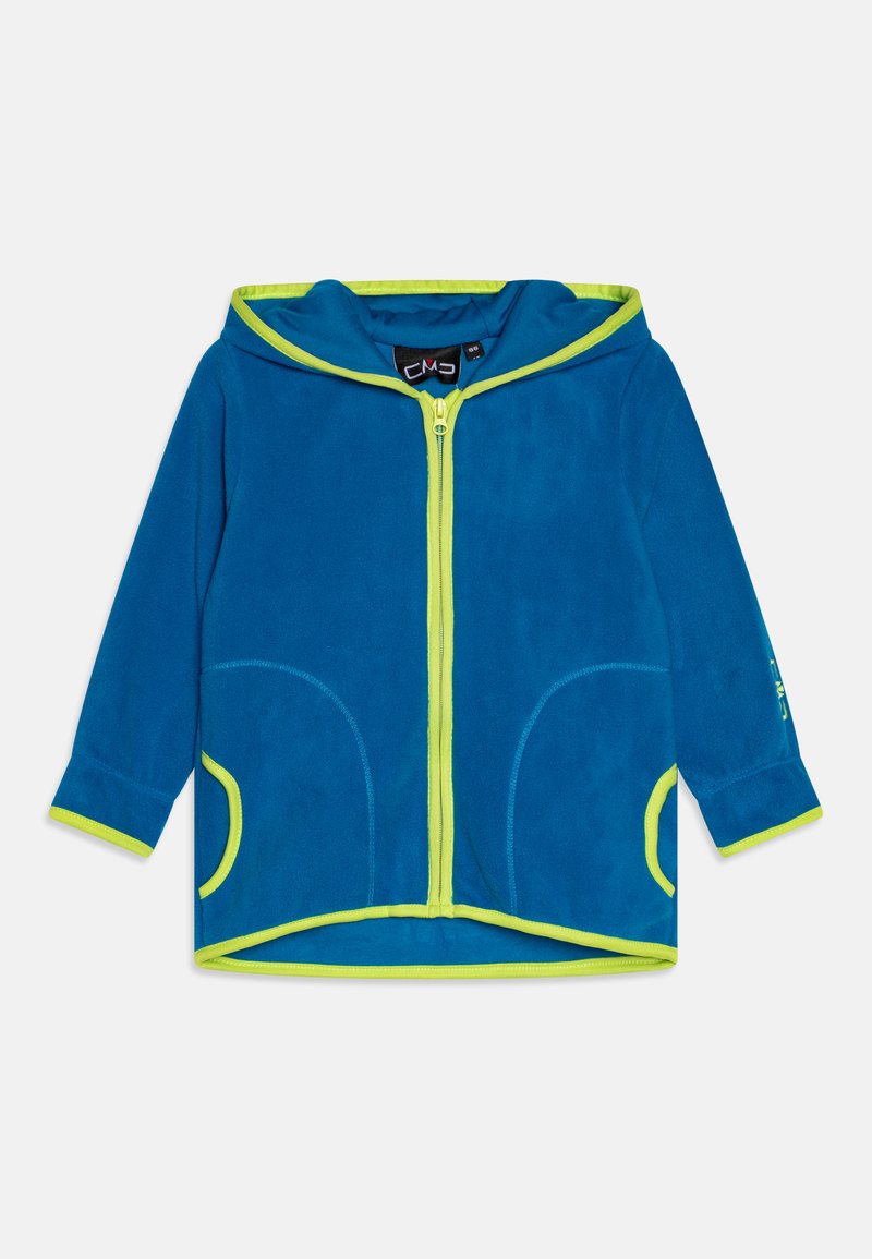 Fleecejacke in leuchtendem Blau mit einer Kapuze in Grün. Verfügt über einen Frontreißverschluss, zwei Seitentaschen und kontrastierende, bestickte Details am Ärmel.