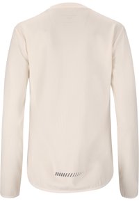 Hellbeige Langarmhemd aus glattem Stoff. Mit Rundhalsausschnitt und einem reflektierenden Streifenmuster am unteren Rückensaum.