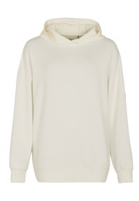Lichtbeige hoodie van een zachte stof, met een grote capuchon, verlaagde schouders, lange mouwen en een geribbelde zoom. Eenvoudig, minimalistischer ontwerp.