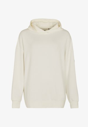 Lichtbeige hoodie van een zachte stof, met een grote capuchon, verlaagde schouders, lange mouwen en een geribbelde zoom. Eenvoudig, minimalistischer ontwerp.