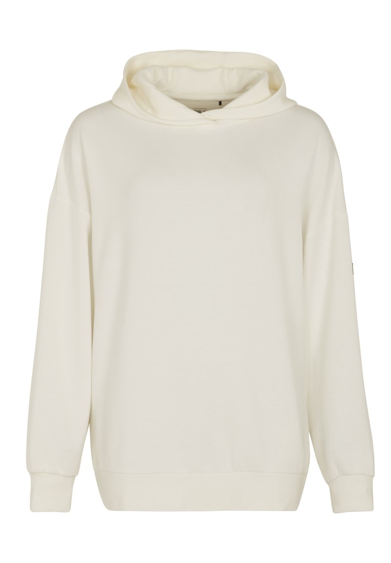 Lichtbeige hoodie van een zachte stof, met een grote capuchon, verlaagde schouders, lange mouwen en een geribbelde zoom. Eenvoudig, minimalistischer ontwerp.